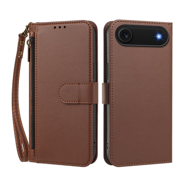 Funda Tipo Billetera para iphone17 Air con Soporte y Bolsillo con Cierre Marrón