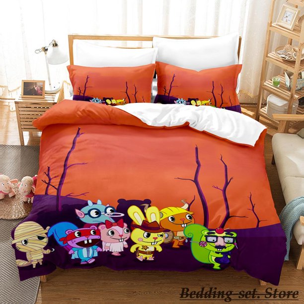 x1252 Bed SheetsHappy Tree Friends Bedding Set Twin Full Size Bed Set Aldult Kid Bedroom Duvetcover Sets Anime 3-Piece Bedding Set (1 Duvet Cover + 2 Pillow Shams) nj1252