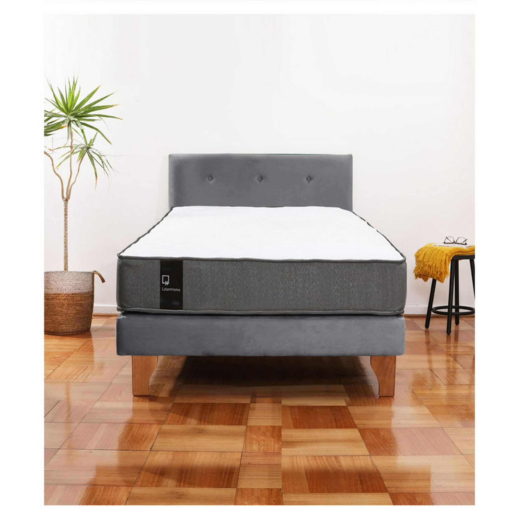 Latam Home - Cama Europea Zen Best 1.5 Plaza Colchon Resortes Base Dividida + Respaldo Tela Gris