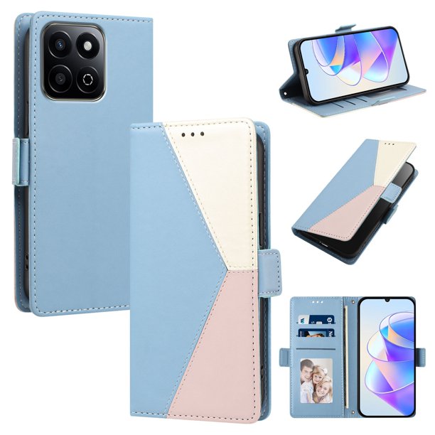 Cartera Plegable para Honor 200 Smart, PU Tricolor con Ranuras, Azul Claro