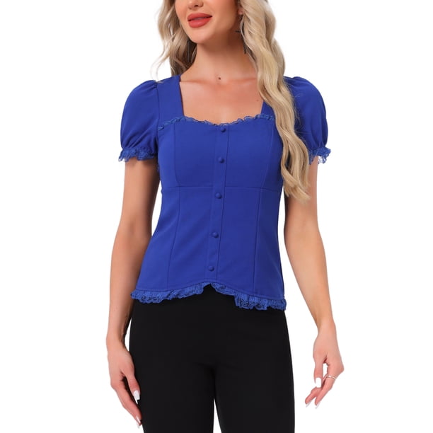 INSPIRE CHIC Camisa Victoriana para Mujeres Regreso a Clases Cuello de Corazón Manga Abullonada Halloween Blusa Gótica con Cordones XS Azul Real