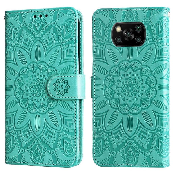 Funda tipo cartera FOXDOCK para Xiaomi Poco X3 NFC , diseño girasol en relieve, cuero PU, cierre magnético, soporte y tarjetero