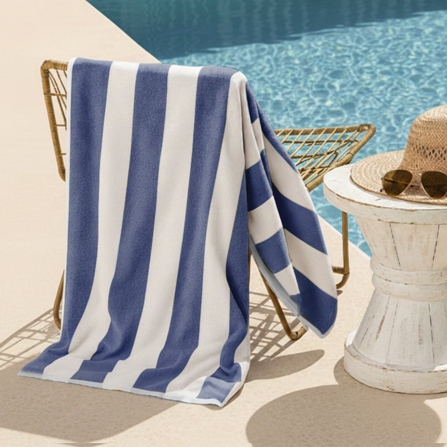 Toalla De Playa Nautica 100% Algodón 163x81 Diseño Rayas Azul