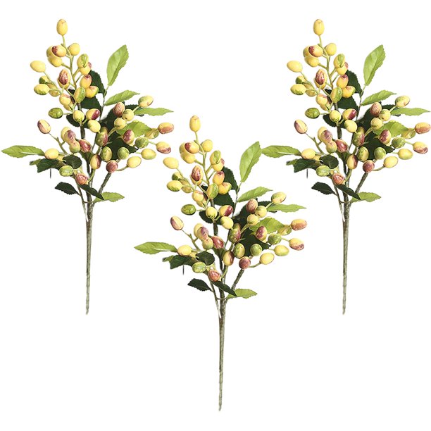 3 hojas de olivo artificiales con frutas, ramas de olivo artificiales, plantas verdes para decoración del hogar y la oficina.