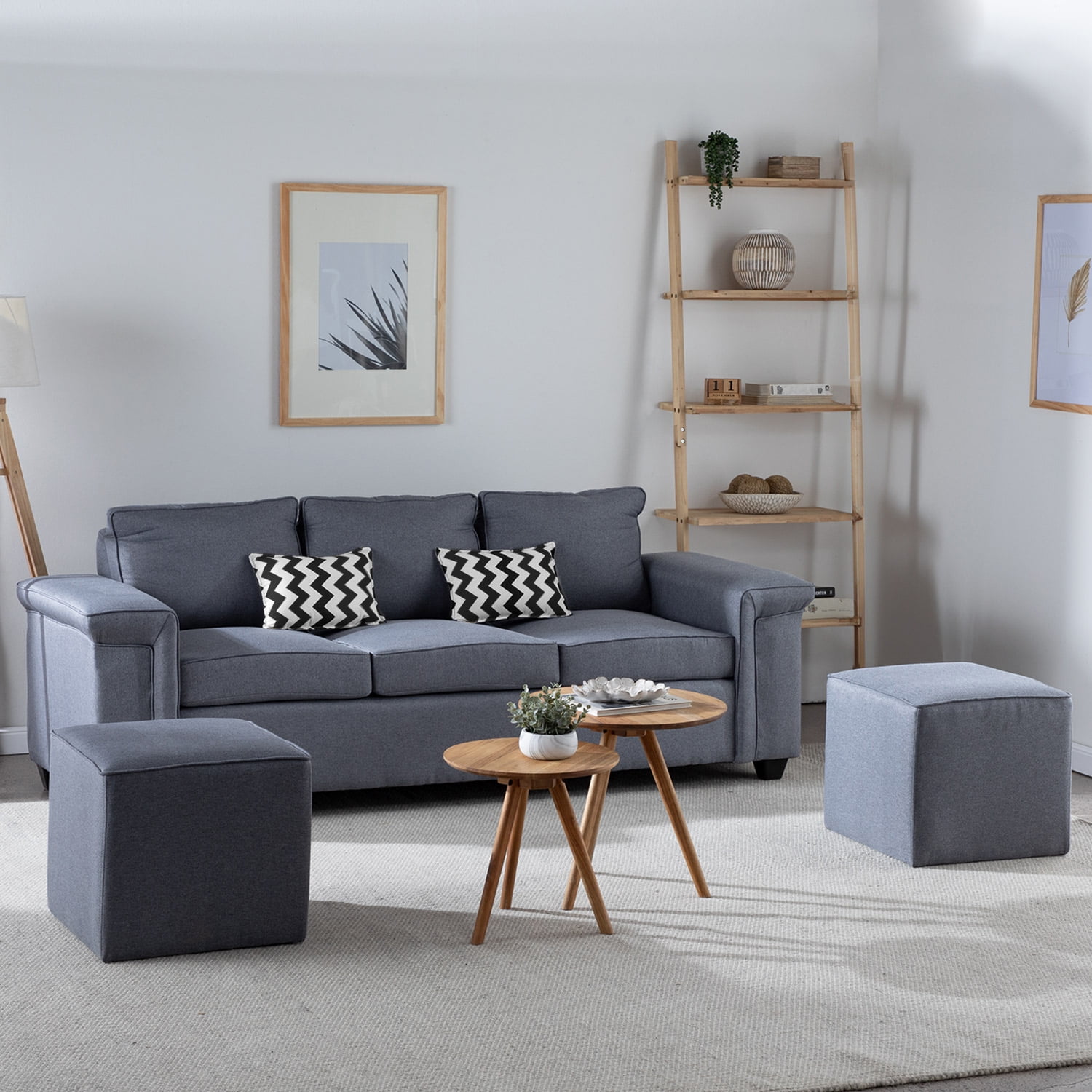 Muebles Cottoni - Sofá 3 Cuerpos Sicilia + 2 Pouf Tela Gris