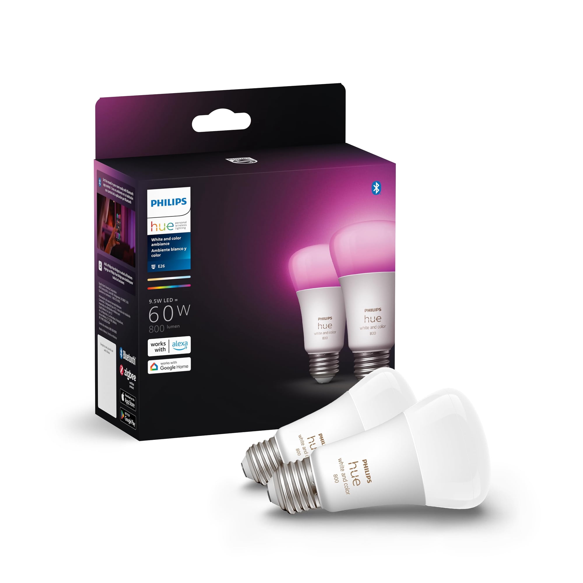Bombilla Led Philips Hue Smart 60 W A19 Blanca Y Color, Paquete De 2
