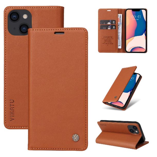 Funda Billetera de Cuero para iPhone 15 con Tarjetero y Soporte - Tapa Magnética Marrón