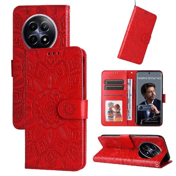 Funda tipo cartera FOXDOCK para Realme 12 5G , diseño girasol en relieve, cuero PU, cierre magnético, soporte y tarjetero