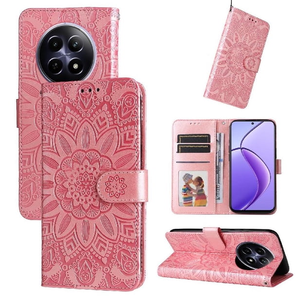 Funda tipo cartera FOXDOCK para Realme 12 5G , diseño girasol en relieve, cuero PU, cierre magnético, soporte y tarjetero