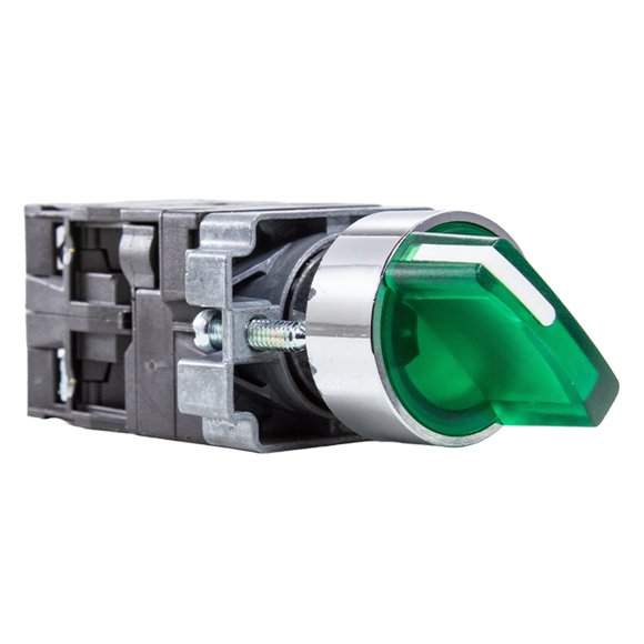 Selector iluminado, 3 posiciones fijas, 2 contactos NA, 24 VCA/VCC, color verde