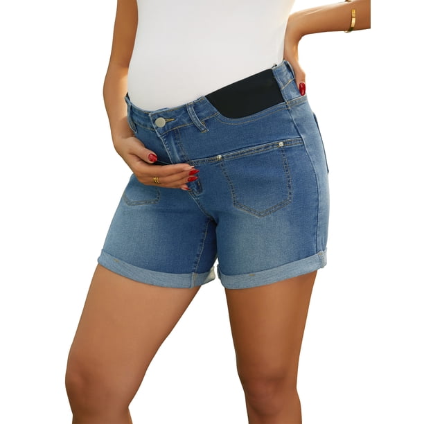 Pantalones Cortos de Mezclilla para Maternidad de INSPIRE CHIC para Mujeres, Línea A, Cintura Ajustable Sobre el Vientre, Jeans de Verano para Embarazo y Postparto, Talla S, Azul
