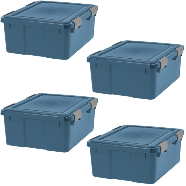 Cubos de almacenamiento Iris USA WeatherPro, 31 L, ecológicos, paquete de 4 unidades, color azul