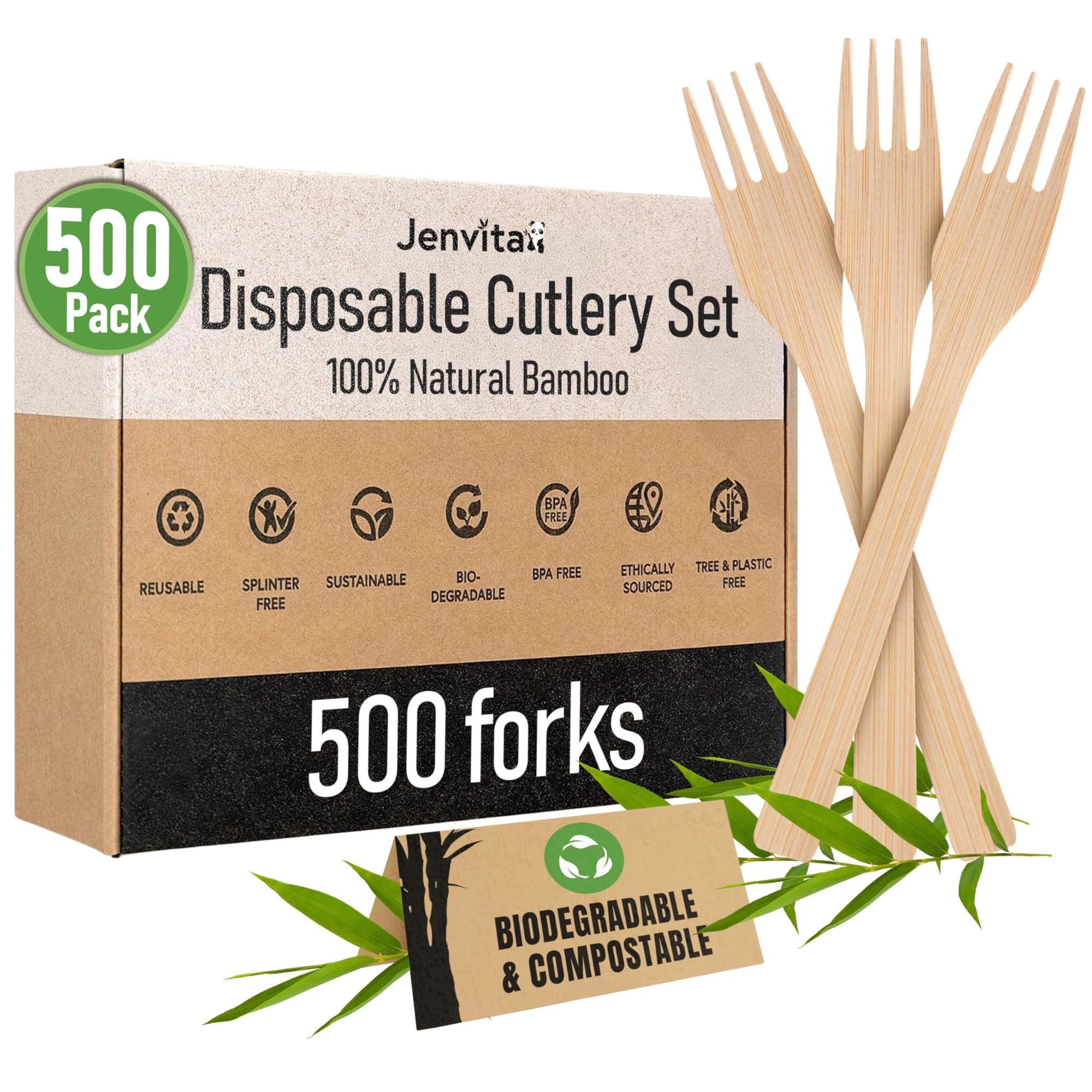 Juego De 500 Tenedores De Bambú Jenvita 100 % Compostables Y Ecológicos