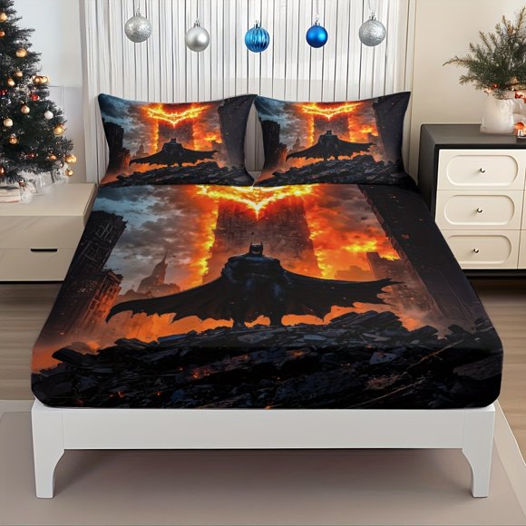 Bed Sheet Dark Knight Flame Rebirth Guarding Gotham City'S Immortal Hope Pattern Mattress Protector Elastic Design Bed Sheet Perfectly Fits Creative Deep Pocket