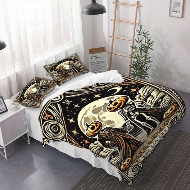 3pcs Halloween Lovers Duvet Cover Set - Soft Duvet Cover And Pillowcases Suitable for All Seasons