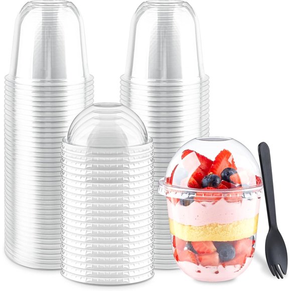 Vasos para postre Zezzxu, 50 unidades, con tapa domo y sporks