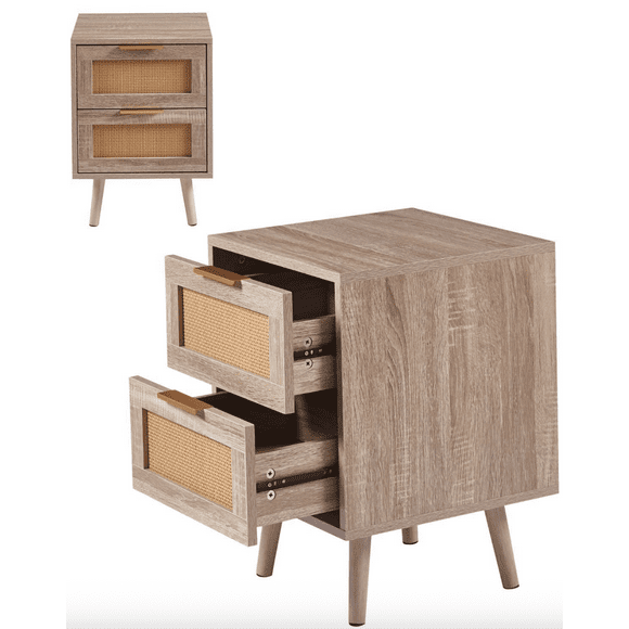 Pack 2 Veladores Wood Brown 2 Cajones Y Rattan - Mesa De Noche