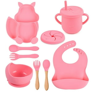 Veat00L - Platos Para Bebe Silicon,9 Pcs Vajilla Para Niños De Silicona De Grado Alimenticio,Tazas Con Pajitas, Cubierta De Merienda,Cucharas Y Tenedores,Baberos,Fácil De Limpiar, Apto Para Microondas