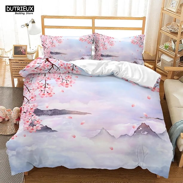 Pink Floral Duvet Cover Japanese Cherry Blossoms Theme Bedding Set Spring Romantic Quilt Cover For Girl Microfiber Bedspread