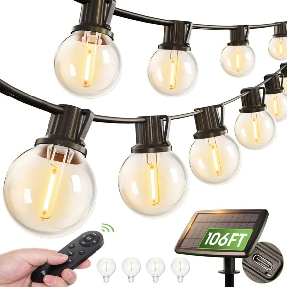 Cadena de luces solares adicionales de 106 pies, 54 bombillas G40, resistentes al agua