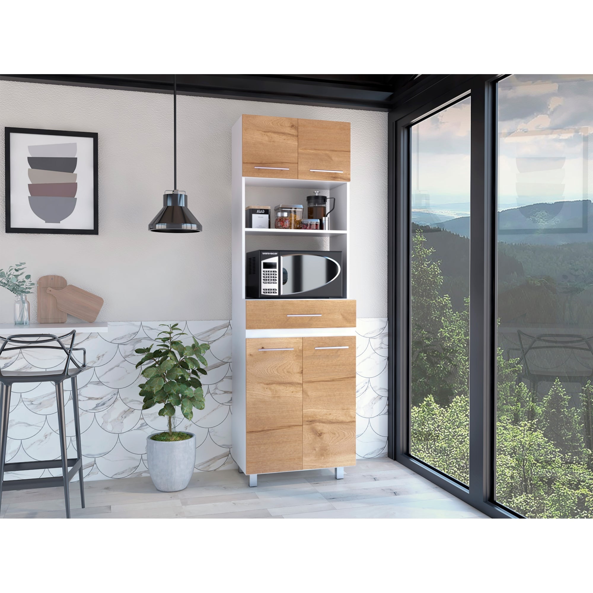 Tuhome - Mueble Microondas Alto 4 Puertas 1 Cajón Luna 210x60x49,1 Cm Fresno Y Blanco