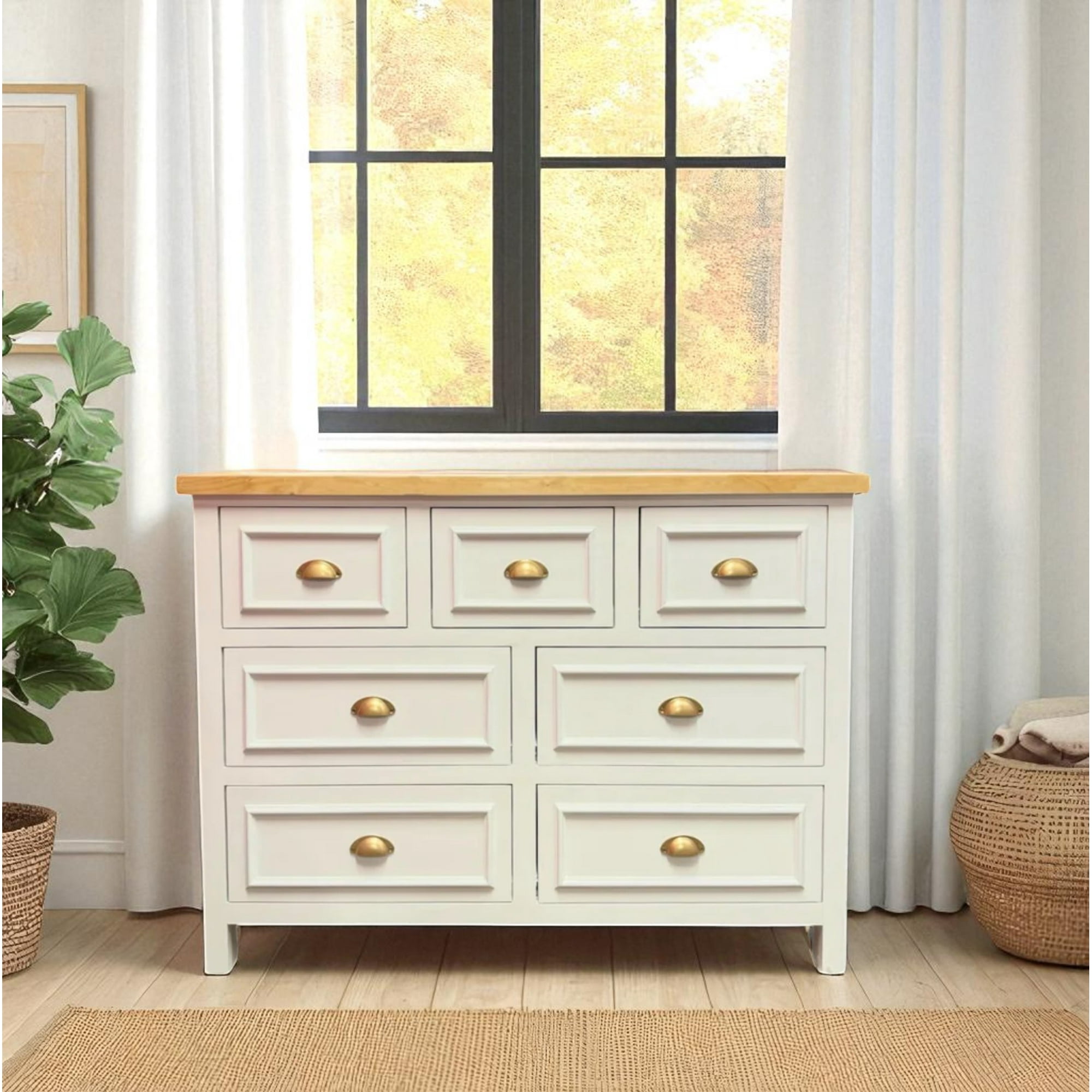 Arca Muebles - Comoda De Madera 7 Cajones 120x40x90 Color Blanco Cubierta Miel