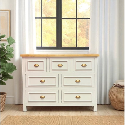 Arca Muebles - Comoda De Madera 7 Cajones 120X40X90 Color Blanco Cubierta Miel