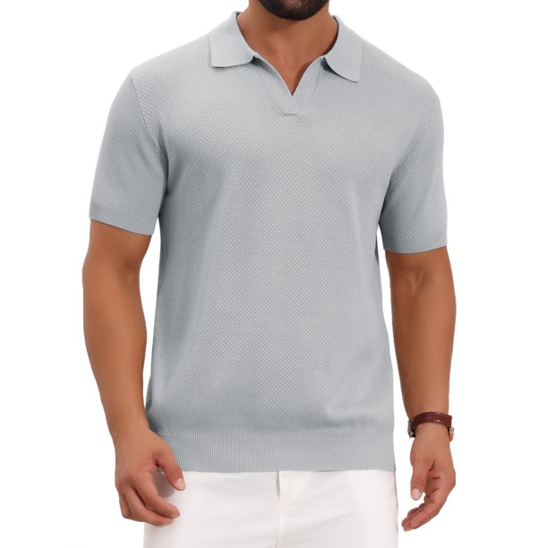 INSPIRE CHIC Regreso a Clases Polo de Punto Texturizado para Hombre Cuello en V Manga Corta Polo de Golf Talla S Gris Claro