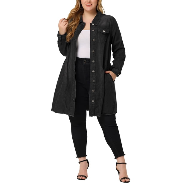 GRACIA Y GRANDEZA Chaqueta de Mezclilla Maxi de Manga Larga para Mujer Talla Grande Abrigo Largo de Jean Desgastado con Bolsillos en el Pecho 1X Negro