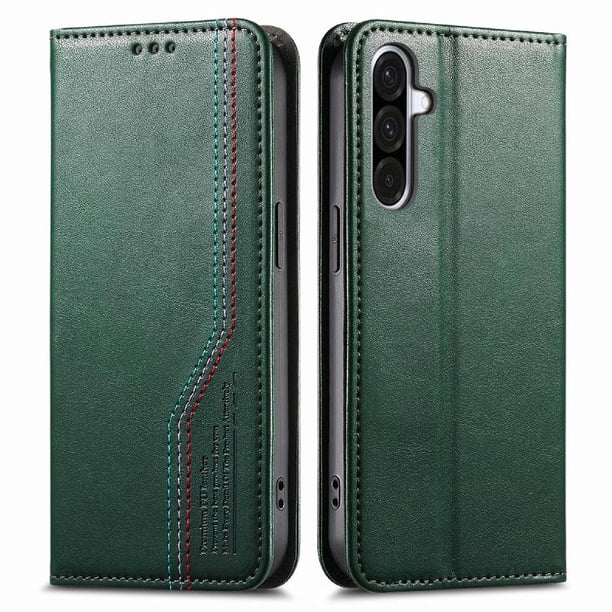 Funda tipo cartera para Samsung Galaxy A57 de piel con cierre magnético, ranuras para tarjetas y correa para la muñeca Verde