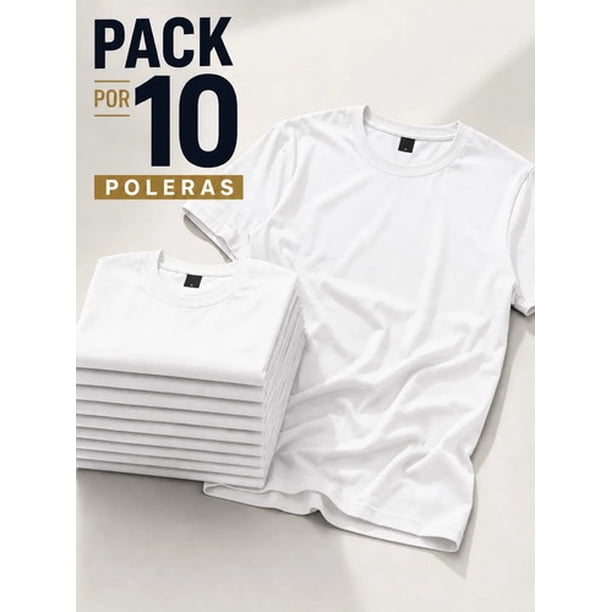 Pack 10 Poleras Basicas 100% Algodon Cuello Redondo 200g Blanco L Lisa