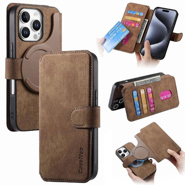 Funda Billetera Magnética para iPhone 16 Pro Max Soporte Tarjetas Desmontable Marrón