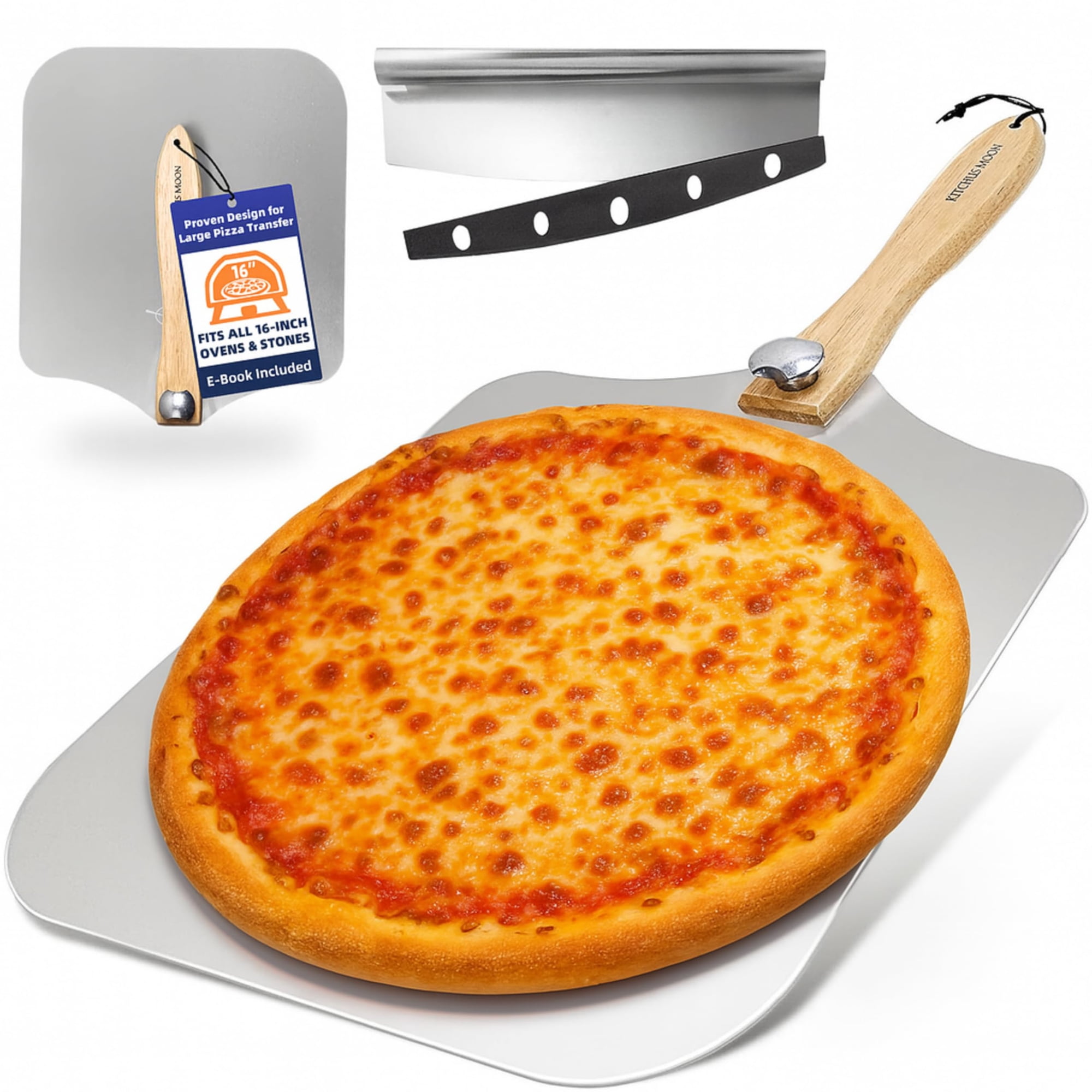 Pala Para Pizza Kitchus Moon, Grande, Con Cortador De Aluminio De 14 Pulgadas