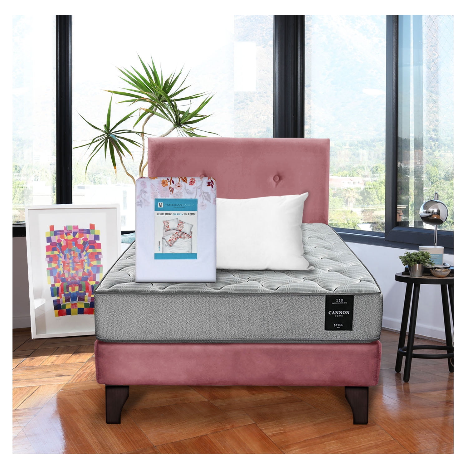 Cama Cannon 1 1/2 Plazas + Almohada + Sabanas + Respaldo Tela Palo Rosa