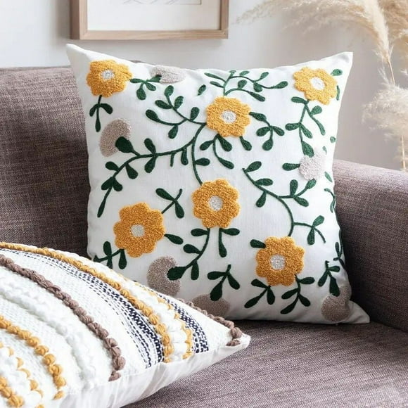 Funda Cojín Bordada 45x45 Cm Enredadera Mostaza