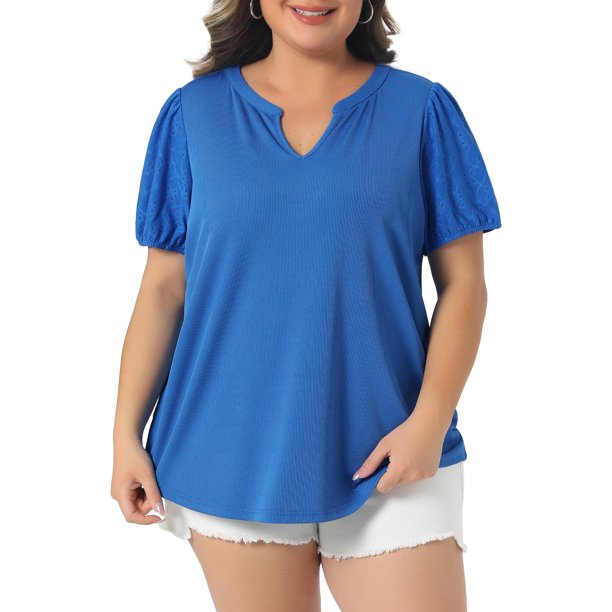 Agnes Orinda Blusas de Pascua para Mujer Tallas Grandes Cuello en V Bordado de Ojales Manga Abullonada Texturizada Moda Verano 2026 Blusa Casual Túnica 4X Azul Real