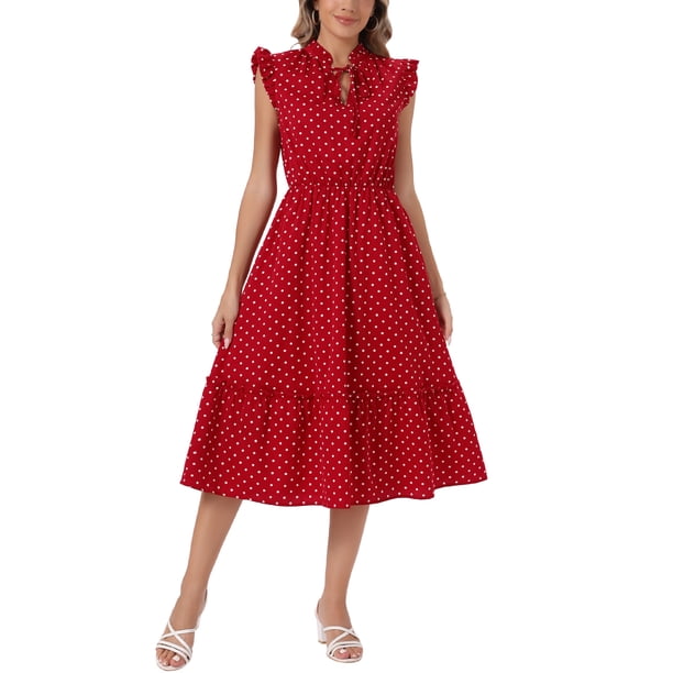 INSPIRE CHIC Vestido de Lunares para Mujer de Verano con Mangas Volantes y Lazo en el Cuello en V Casual para la Playa Vacaciones Vestidos Midi XS Rojo