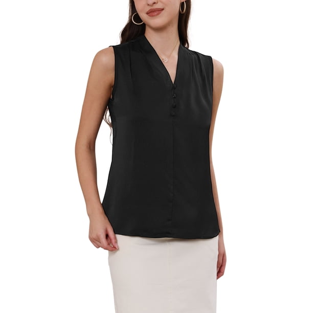 INSPIRE CHIC Tops de satén sin mangas para mujer con cuello en V, blusa de satén casual de negocios, camisas de trabajo 2XL negro