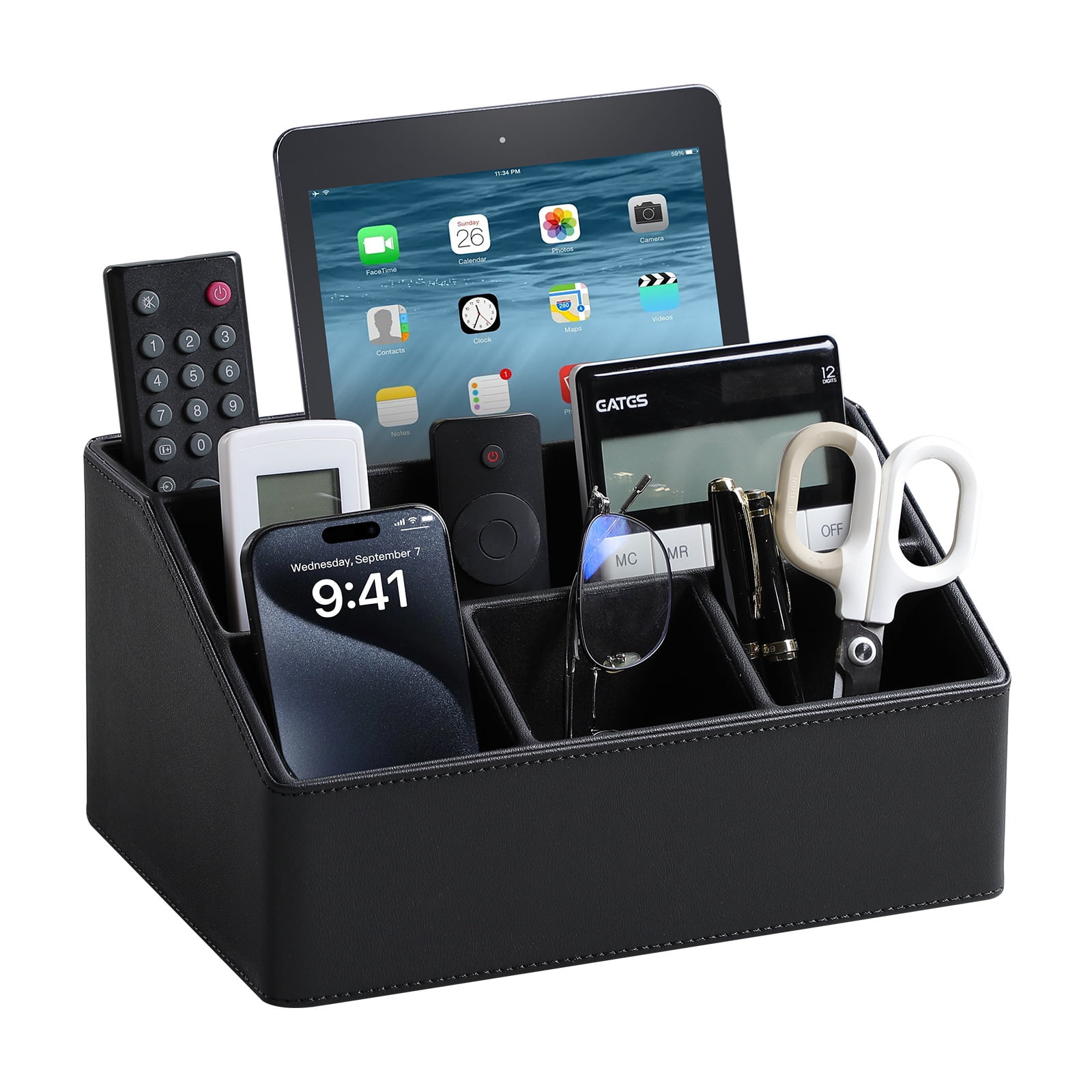 Xusx111 - Organizador De Escritorio De Cuero Pu, Soporte De Control Remoto De Lujo Para El Hogar, Accesorios De Escritorio De Oficina Mesa Caddy Organizador De Mesa De Noche (negro)