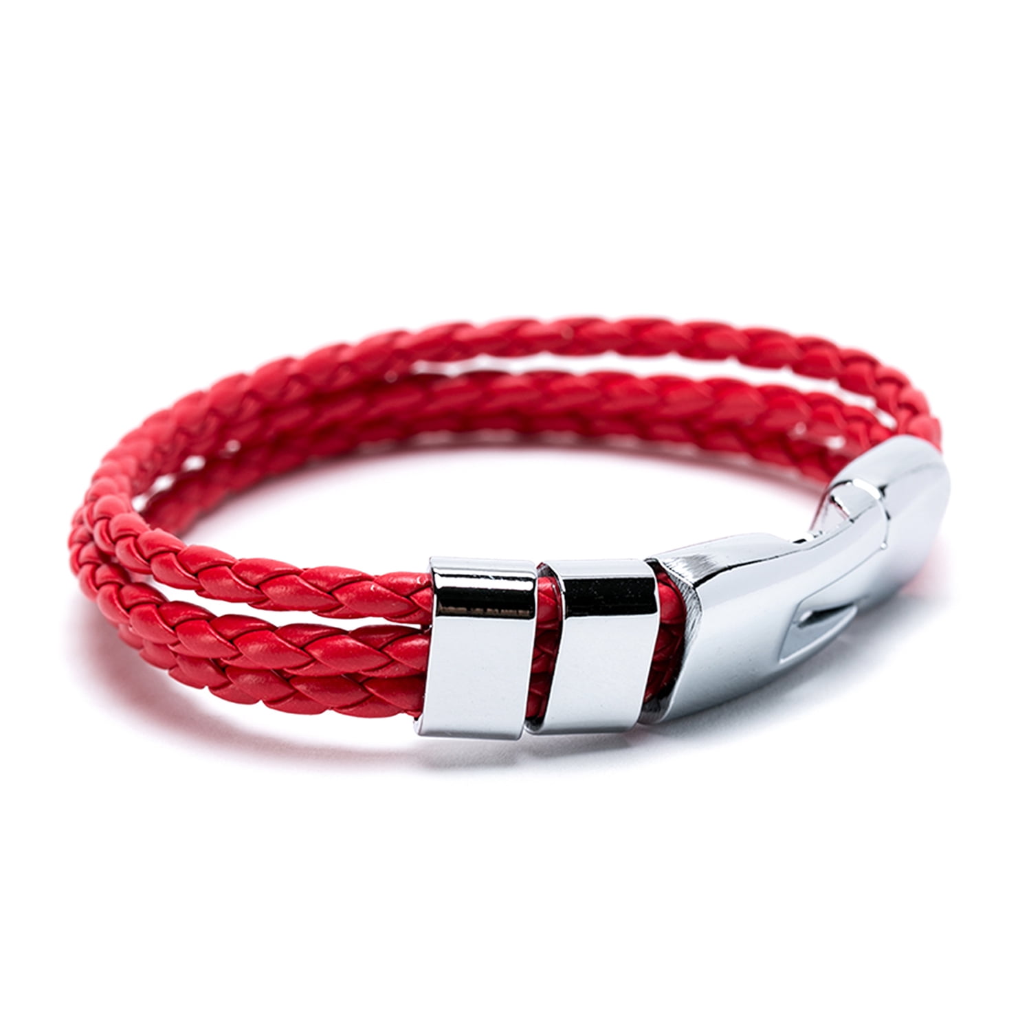 Pulsera Hombre Dijes Acero Triple Cuero Trenzado Rojo