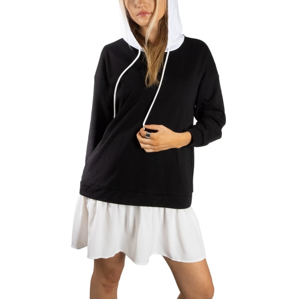 Jess de Meiko Vestido de Mujer Mangas Largas Capa Doble Sudadera con Capucha Vestido Casual S Negro