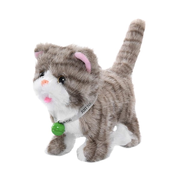 Gatito De Peluche Que Habla Y Camina, Versátil, Con 12 Canciones Que Graba Y Repite, Rayas Gris Claro.