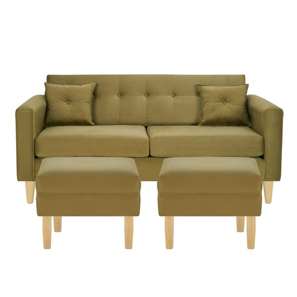 Sofa New Retro 3c + 2 Pouf Felpa 05 Verde Musgo