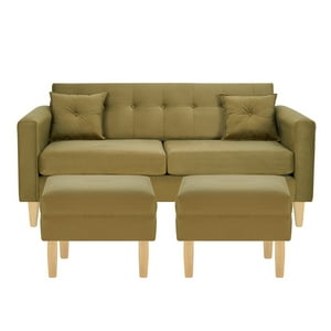 Bodevir - Sofa New Retro 3C + 2 Pouf Felpa 05 Verde Musgo