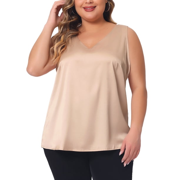 Agnes Orinda Ropa de Halloween para Mujeres de Talla Grande Tops de Seda Satinada para Escuela y Universidad Camisola Básica de Verano sin Mangas con Escote en V 3X Champán