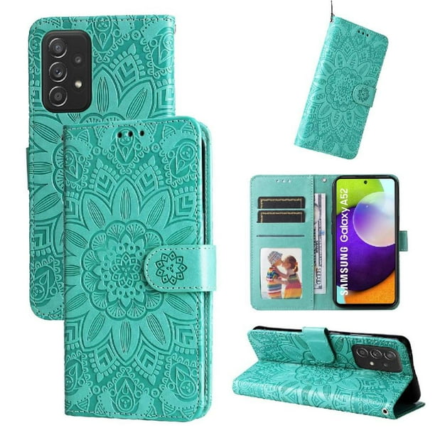 Funda tipo cartera FOXDOCK para Samsung Galaxy A52 , diseño girasol en relieve, cuero PU, cierre magnético, soporte y tarjetero