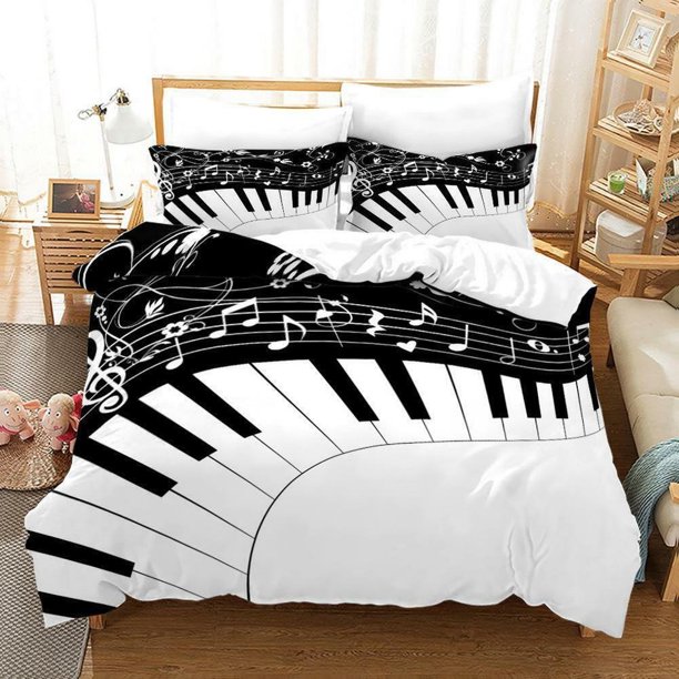 Music Piano Element Black White Quilt Duvet Cover Set Bedspread 3-Piece Bedding Set