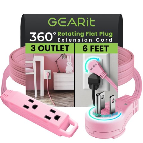 Extensión Gearit 3 Enchufes 1.8M Enchufe Plano Giratorio 360° Rosa