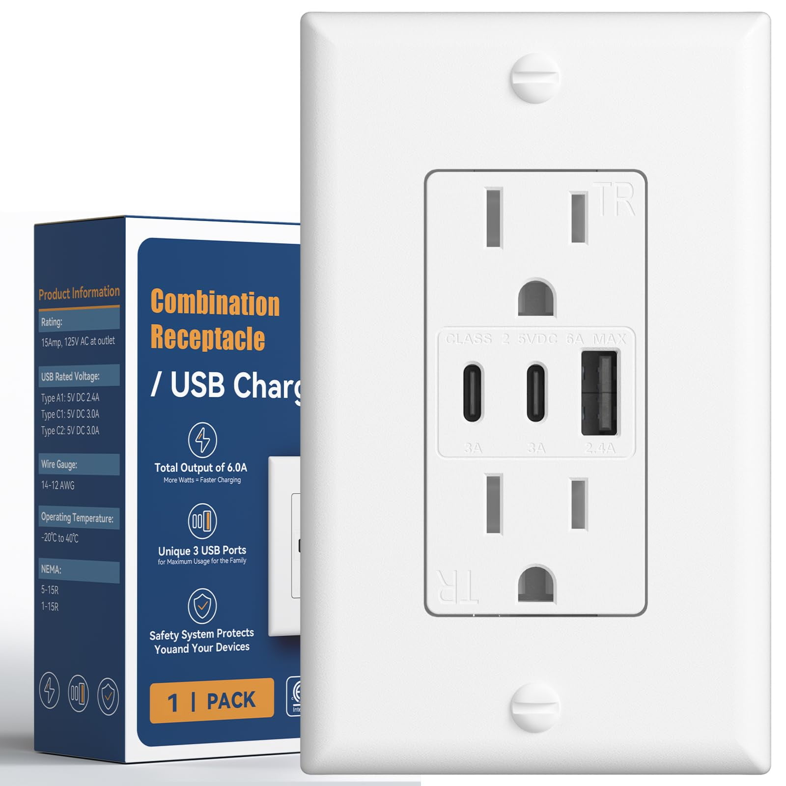 Salida Usb Amico 6.0a, 3 Puertos, 30 W, Toma De Pared Con 2 Tipos C Y 1 Tipo A