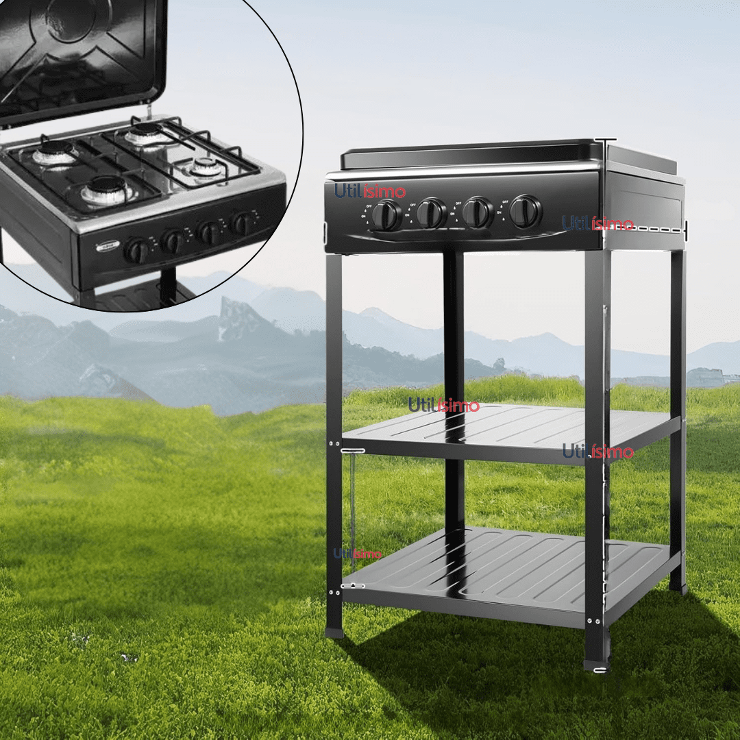 Line - Cocina Encimera A Gas Licuado 4 Platos Con Mesa Cocinilla Negro